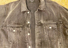 Balenciaga Men's Gray Jean Jacket XL Yellow Back Graphic Oversized Pockets picture