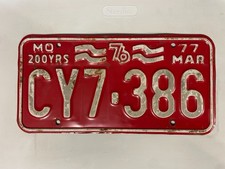 MISSOURI License Plate CY7 386 1977 MARCH BICENTENNIAL picture