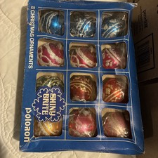(12) VINTAGE SHINY BRITE POLORON GLASS CHRISTMAS ORNAMENTS MULTI COLOR MCM NICE picture
