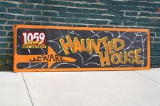 Antique Halloween Haunted House Sign Vintage Wood Beware Road Detroit Michigan picture