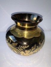 Vtg Black Enameled Floral Vase Etched-Brass- India 5 1/2” tall gold leaves picture