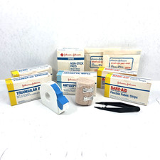 Vtg Lot 1985 Johnson & Johnson Bandages Gauze Antiseptic Wipes Tape Tweezers NOS picture