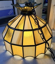 Vtg MCM Caramel Slag Glass Hanging Swag Lamp 16” Stained Panel Pendant Light picture