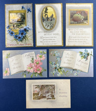 6 Scenes & Books Birthday Antique Postcards. Gold & Silver. Colorful. Flowers picture