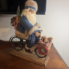 VTG Old World Santa Clause Riding Bicycle, Large 20”x22” Christmas Decor picture