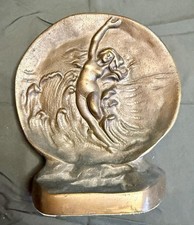 Antique Art Nouveau Nude Woman Sprite Figure Ocean Waves Bronze Bookend One Only picture