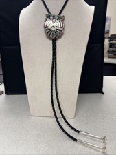 Vintage Native American Thunderbird w/ Turquoise Coral Leather Braid Bolo Tie picture