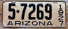 VERY NICE LOOKING 1927 YAVAPAI COUNTY, ARIZONA LICENSE PLATE, 5-7269, MVD CLEAR picture