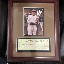 BABE RUTH YANKEES REPLICA  PHOTOGRAPH & BANK CHECK WOOD FRAME MATTED REPLIGRAPH picture