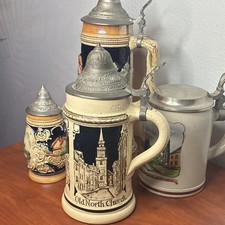 Lot of 4 German Lidded Beer Steins/Mugs w/ Pewter Lids, Old North Church 0.5L picture