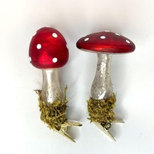 Red Mushroom Clip on Ornament Set/2, Mercury Glass Lucky Mushrooms, Vintage Look picture