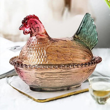 Rooster Decor Glass Candy Dish with Lid - Vintage Hen on Nest Style Large Snack picture