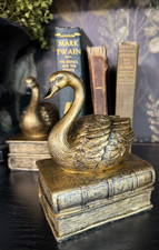 PAIR Antique-Gold Art Deco Swan On Vintage Books Bookends Swans Shelf Book Ends picture