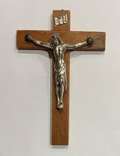 Vintage Mid-Century West Germany Wooden Wall Crucifix 9x6 Metal Corpus INRI picture