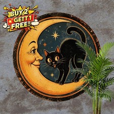 Halloween Moonlit Cat Kitchen Cafe Metal Tin Sign Round Wall Decor Plaque 8x8 picture