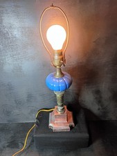 Antique Brass Copper Blue Glass Lamp W/ Original Bryant Hardware 1900s Rewired  picture
