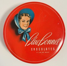 Blue Bonnet Chocolate Round Tin - Zion Industries, Zion IL Rare Vintage Candy picture