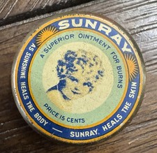 ANTIQUE SUNRAY FULL OINTMENT TIN w AWESOME GRAPHICS DAVENPORT IOWA DRUG STORE  picture