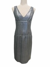 Narciso Rodriguez Metallic Pewter Silver 100% Silk Midi Dress US 6 Made Italy picture