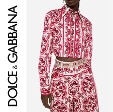 NWT💕$995 DOLCE & GABBANA Maiolica Print Crop Shirt in Tris Maioliche Fuxia picture