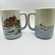 Vtg Otagiri Coastal Mugs Made in Japan Set Of 2 Tall Embossed Blue Cream Mint picture