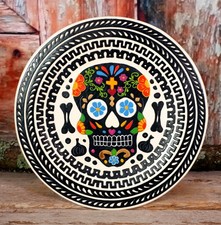 Handmade Sugar Skull Lacquer Day of the Dead Wood Plate Olinalá Mexican Folk Art picture