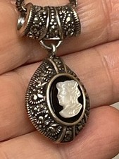VTG 925 Sterling Silver Heavy Black Onyx MOP Marcasite Cameo Pendant Chain 16” picture
