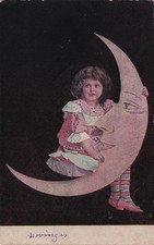 Girl Child Sitting Crescent Moon Fantasy Night Scene Portrait Vtg Postcard J39 picture