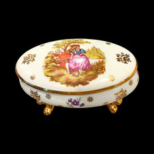 Limoges France Porcelain Footed Oval Lidded Trinket Box Gold Couple Scene picture