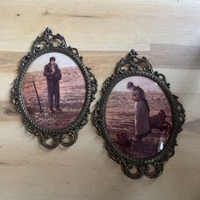 Vintage Pair Oval Wall Art Prints Rustic Farm Couple Ornate Frames Set of 2 picture