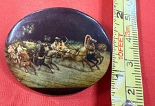 Russian Oval Lacquered  Brooch Pin  Palekh Troika Horse Slay picture