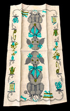 NWOT Vtg. Linen Poodle Tea Towel Puppy Baseball Gray & Aqua picture