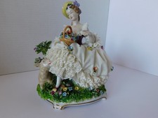 DRESDEN FIGURINE PORCELAIN LACE - LADY WITH LAMB #8321 - UNTERWEISSBACH GERMANY picture