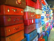 VINTAGE RETRO YELLOW ORANGE BLUE RED PINK PURPLE MAKEUP TRAIN SUITCASE LUGGAGE picture