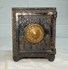 Rare Antique 1888 Cast Iron brass Security Safe Deposit lockable Still Bank picture