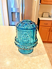 Vintage Indiana Glass Colonial Blue Stars & Bars Large Fairy Lamp-Free Shipping picture