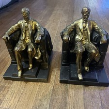 2 Vintage Lincoln in the Chair Statue Philadelphia Mfg Heavy Metal 7” bookends  picture