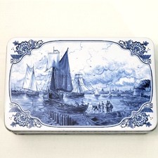 Vintage Hellema Holland Biscuit Tin - Delft Blue & White Harbor Scene - Dutch Co picture