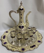 Vintage  Set of 7 Silver Engraved Purple Brass Pitcher Tea Pot Jug White Agate picture