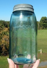 Vintage Antique Red Key Mason Quart Fruit Canning Jar Aqua Glass w/ Zinc Lid picture