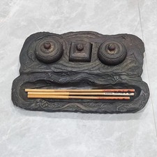 Antique Japanese Meiji Period Bronze & Brass Dragon Phoenix Double Inkstand Desk picture