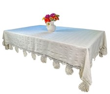 Antique c1900 Thick Handwoven Linen Tablecloth w/ Crochet Lace Trim 68 x 83  picture