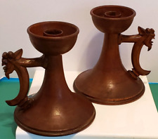 Vintage MCM Wood Pair Candle Holders Japanese Style Bird Handle Danish Modern picture