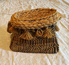Vintage Handwoven Basket Purse Natural Fiber Geometric Tassel Shoulder Bag picture