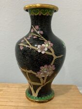 Vintage Chinese Black Cloisonne Baluster Form Vase w/ Flowers & Bird Decoration picture