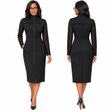 AKRIS Punto Women's Black Zip Front Midi Dress US 6 Textured Sheer Sleeves Italy picture