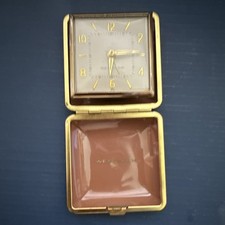 Westclox Folding Travel Alarm Clock Analog Square Brown/Gold Arabic Numerals picture