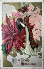 New Year Postcard Brunette Beauty Poinsettias Hat & Dress~Samuel Schmucker art picture