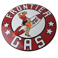 Vintage Frontier Gasoline Sign - Pinup Cowgirl Sign Gas Oil Pump Porcelain Sign picture