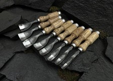 8-pec Hand Forged Bent Gouge Set: 52100 Steel, Ash Handles, Leather Roll UK picture